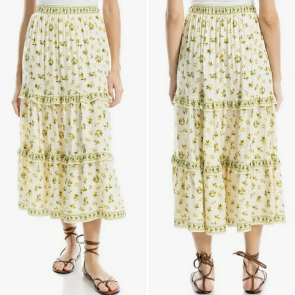 Max Studio Lemon Print Tiered Ruffle Pull On Midi Skirt Large‎ Cottagecore Boho